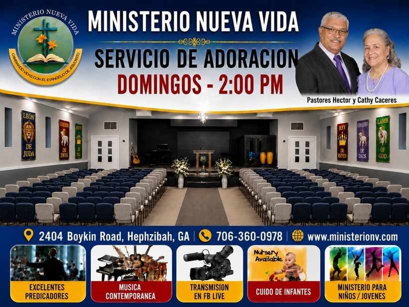 Servicio de Adoración, Domingos 2:00 PM, Ministerio Nueva Vida, Pastores Hector y Cathy Caceres