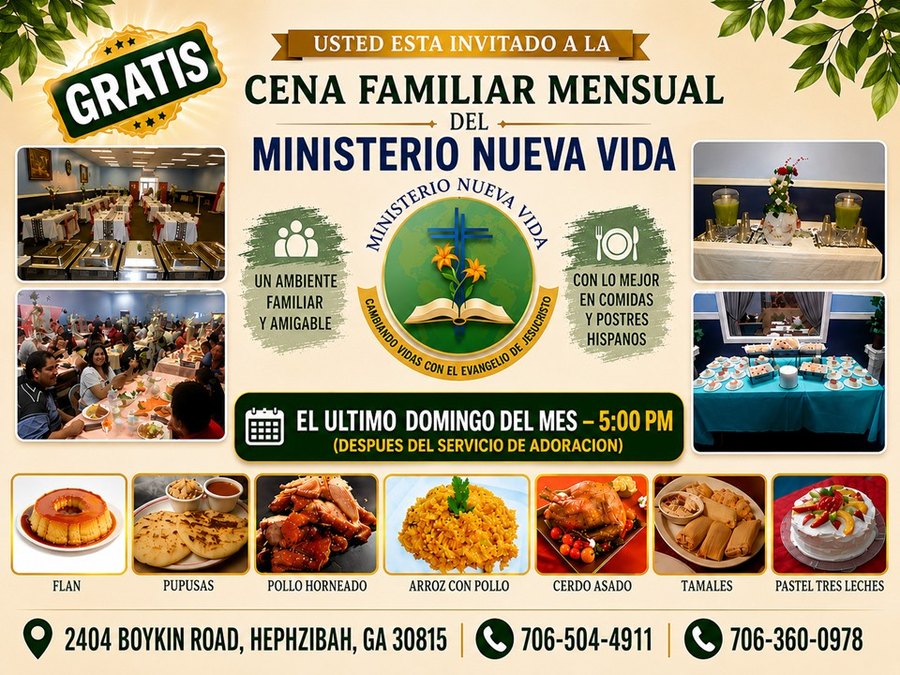 Cena Familiar Mensual gratis, el último domingo del mes 5:00 PM