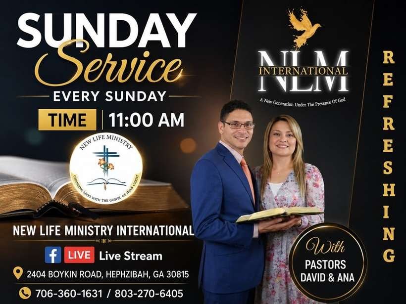 Sunday Service, every Sunday 11:00 AM, New Life Ministry International with Pastors David and Ana