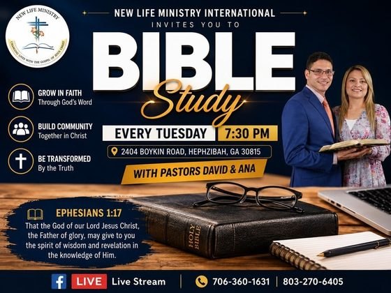 Bible Study, every Tuesday 7:30 PM with Pastors David and Ana