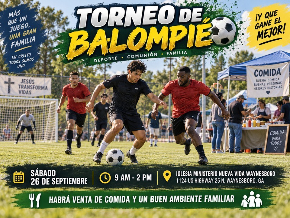 Torneo de Balompié, Sábado 26 de Septiembre 2026, Iglesia Ministerio Nueva Vida Waynesboro