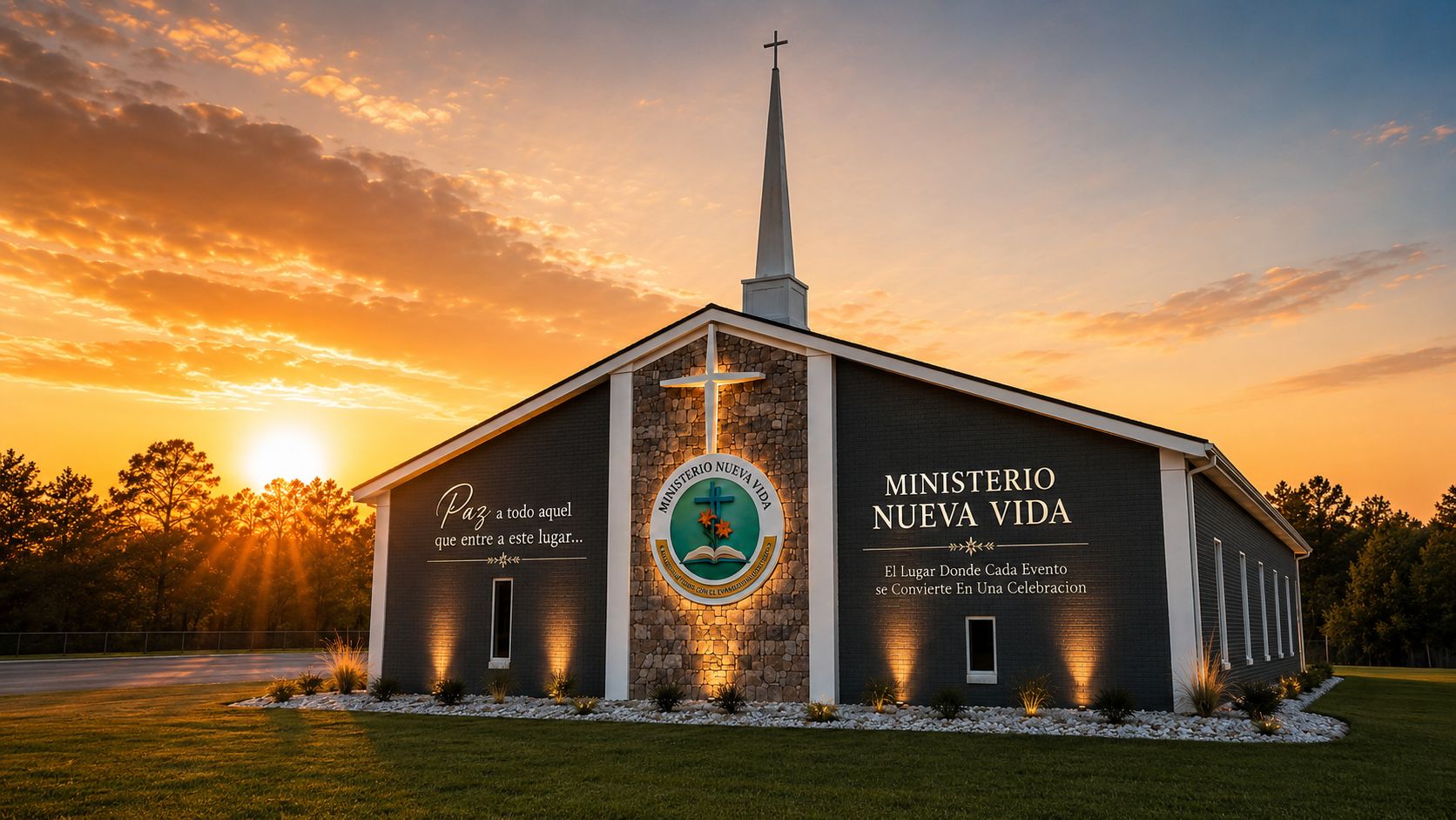 Fachada de Ministerio Nueva Vida al atardecer