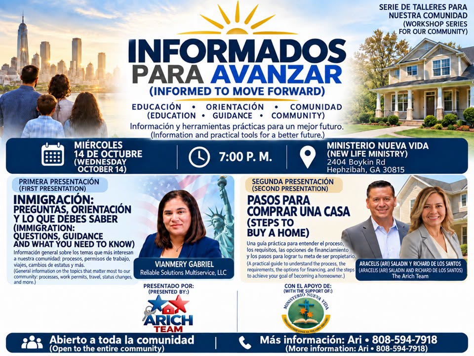 Informados para Avanzar, Serie de Talleres para Nuestra Comunidad, Miércoles 14 de Octubre 2026, 7:00 PM
